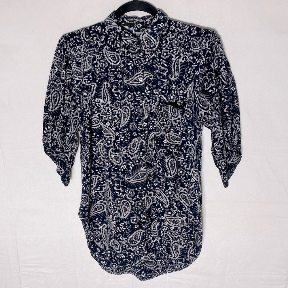 Vintage Savannah Navy Blue White Paisley Print Button Up Blouse M